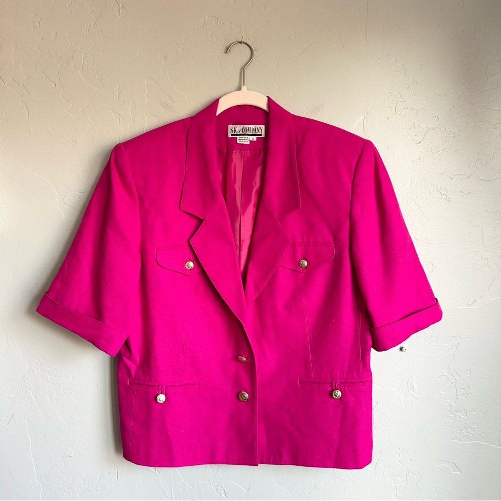 SK & Company Vintage Women’s Short Sleeve Blazer 100% Silk Pink Fuchsia Gold‎